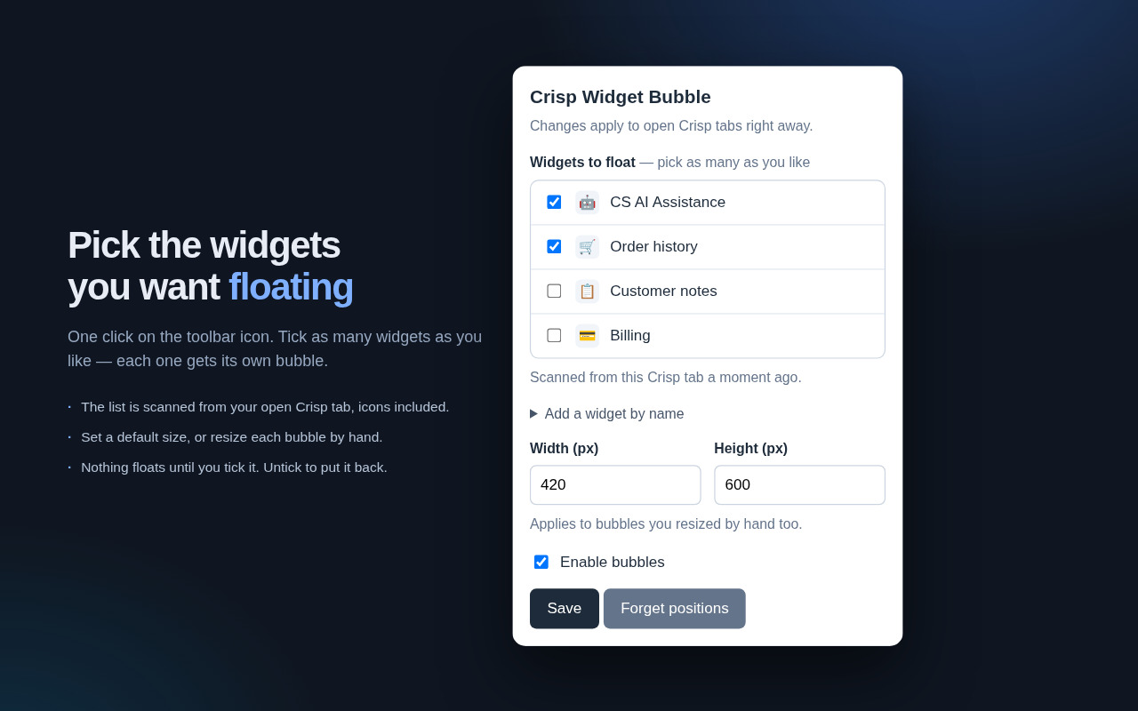 The settings popup, listing the widgets found in the open Crisp tab with a checkbox and icon for each, plus default width and height fields.